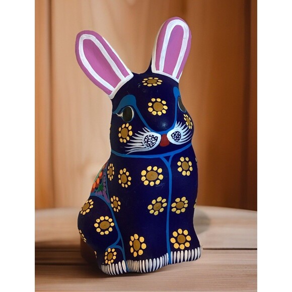 Mexican Folk Art Hand Painted Pottery Bunny Rabbit Bright Colors Floral 6" High - Picture 1 of 14